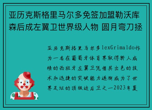 亚历克斯格里马尔多免签加盟勒沃库森后成左翼卫世界级人物 圆月弯刀拯救球队