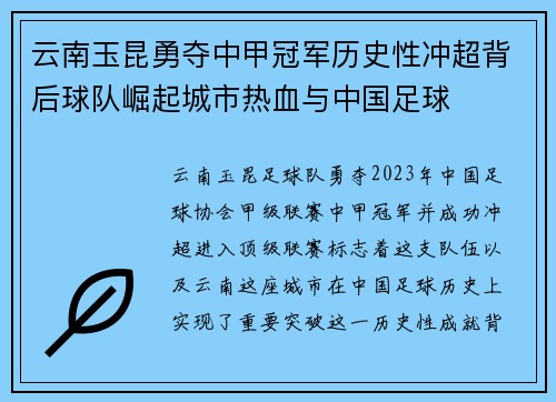 云南玉昆勇夺中甲冠军历史性冲超背后球队崛起城市热血与中国足球