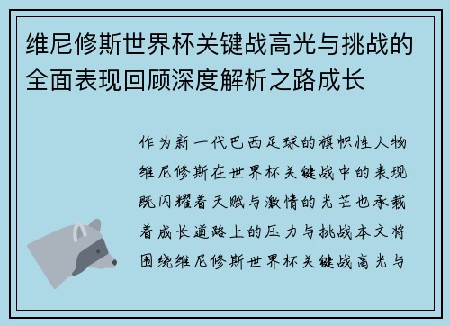 维尼修斯世界杯关键战高光与挑战的全面表现回顾深度解析之路成长